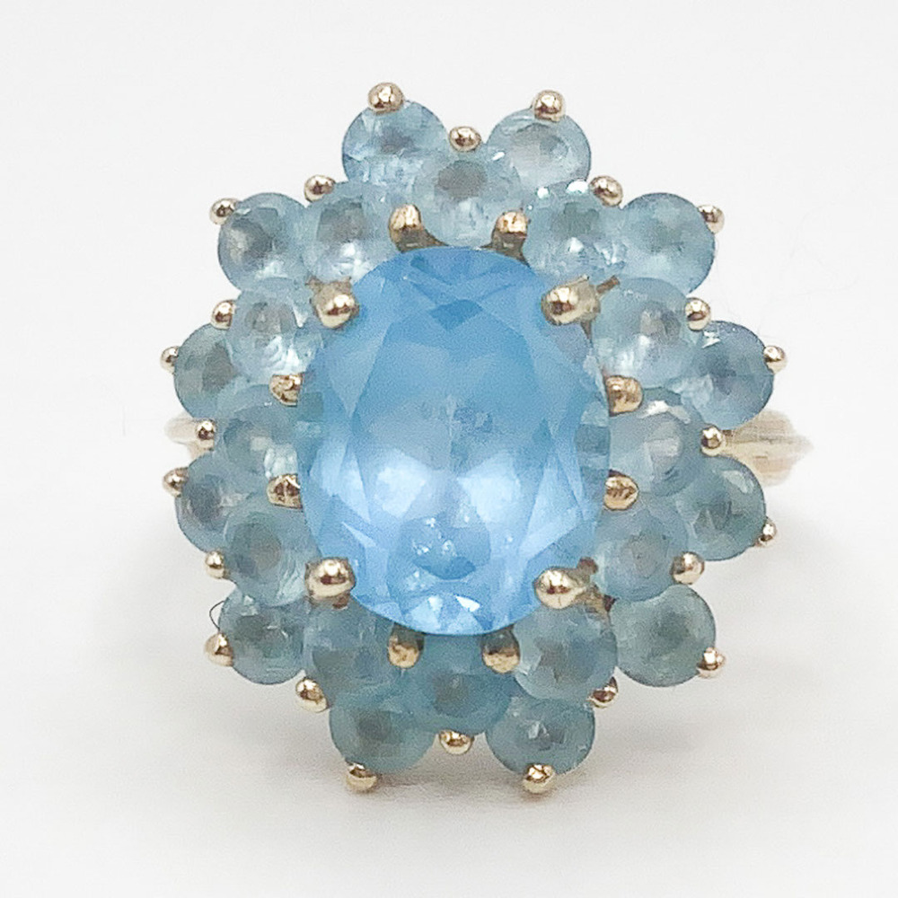 10K Yellow Gold Swiss Blue Topaz Halo Cocktail Ring Size 6 – 25 Stones